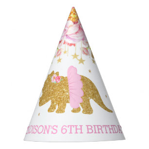 Tutu Triceratop Dinosaur Pink Floral Gold Birthday Feesthoedjes