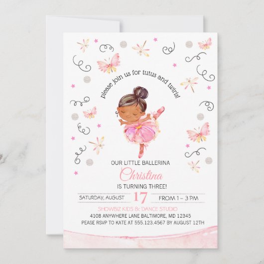 Tutu's and Twirls Ballerina Birthday Invitation Kaart (Voorkant)