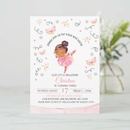 Tutu's and Twirls Ballerina Birthday Invitation Kaart (Staand voorkant)