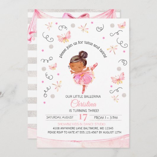 Tutu's and Twirls Ballerina Birthday Invitation Kaart (Voorkant / Achterkant)