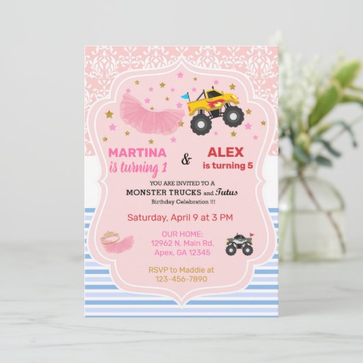 Tutus en monstervrachtwagens die hun verjaardag vi kaart (Staand voorkant)