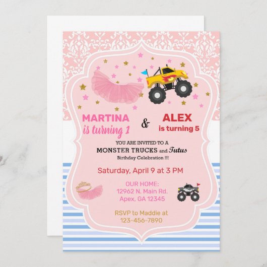 Tutus en monstervrachtwagens die hun verjaardag vi kaart (Voorkant / Achterkant)