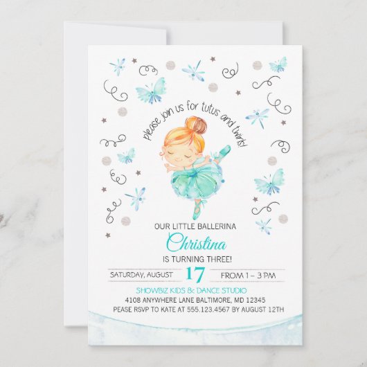 Tutu's en Twirls Ballerina Birthday Uitnodiging (Voorkant)