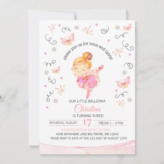 Tutu's en Twirls Ballerina Birthday Uitnodiging (Voorkant)
