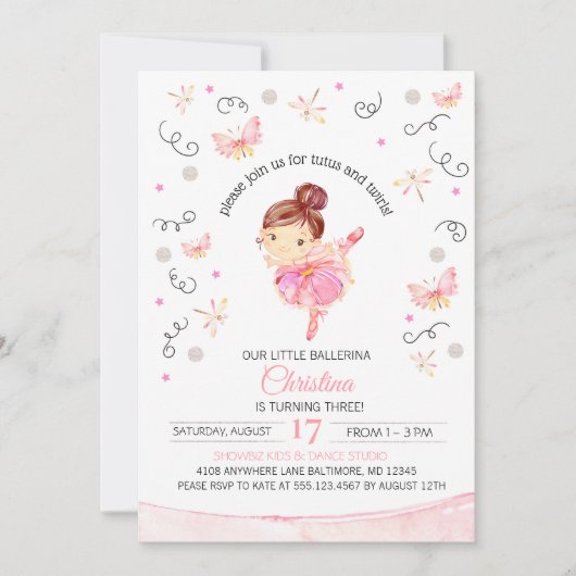 Tutu's en Twirls Ballerina Birthday Uitnodiging (Voorkant)