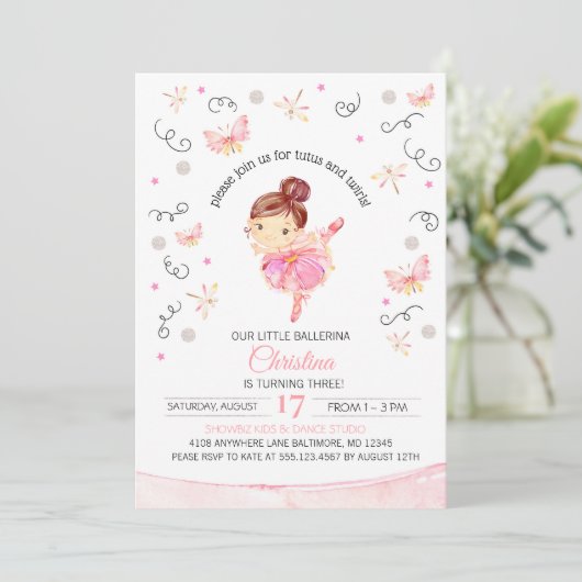 Tutu's en Twirls Ballerina Birthday Uitnodiging (Staand voorkant)