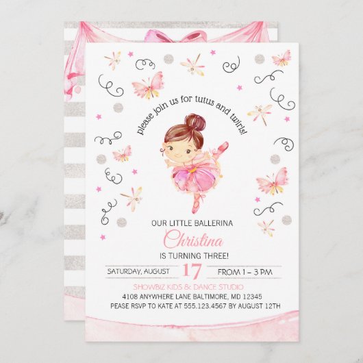 Tutu's en Twirls Ballerina Birthday Uitnodiging (Voorkant / Achterkant)