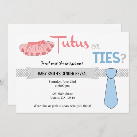 Tutus of Stropdassen Gender onthullen uitnodiginge Kaart (Voorkant / Achterkant)