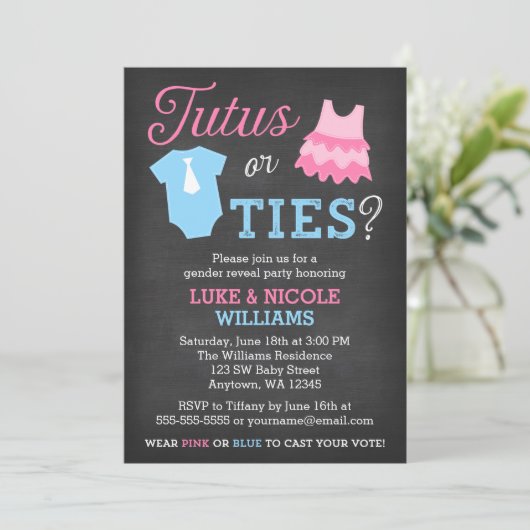 Tutus of Stropdassen Gender Reopenbaart Baby showe Kaart (Staand voorkant)