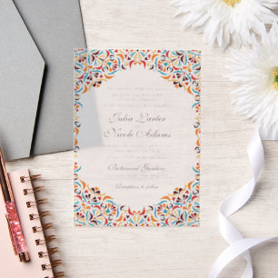 Tuur Oranje Whimsical Bloemrijke Mandala Bruiloft Vellum Uitnodigingen