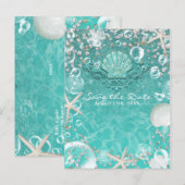 Tuurblauw betoverde zeester & bubbels save the dat aankondigingskaart (Voorkant / Achterkant)