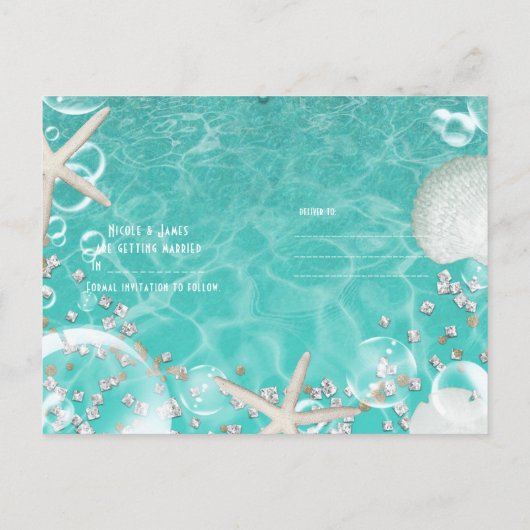 Tuurblauw betoverde zeester & bubbels save the dat aankondigingskaart (Achterkant)