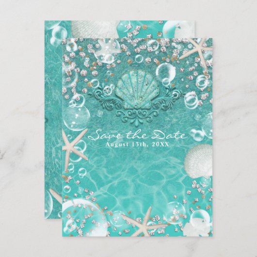 Tuurblauw betoverde zeester en bellen save the dat aankondigingskaart (Voorkant / Achterkant)