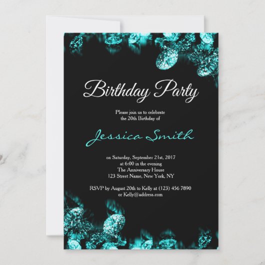 Tuurblauw Diamanten Verjaardagsfeest Uitnodiging (Voorkant)