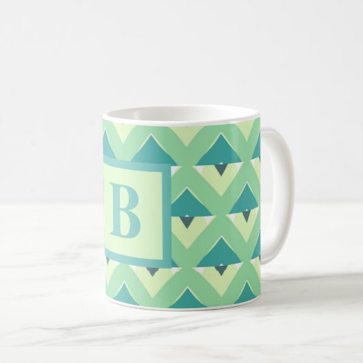 Tuurblauw en blauwe geometrische patroonmonogram koffiemok (Voorkant rechts)