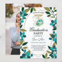 Tuurblauw en Goud Bloemen RN Afstudeeruitnodiging 