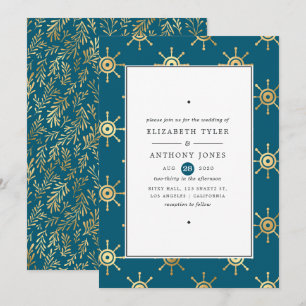Tuurblauw en gouden nautisch huwelijk kaart