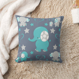 Tuurblauw en grijs patroonprint met babyolifanten kussen
