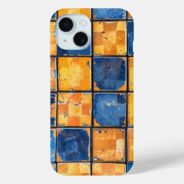 Tuurblauw en oranje dambordpatroon telefoonhoesje iPhone 15 case