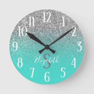 Tuurblauw en Zilver Glitter Ombre met Monogram Ronde Klok