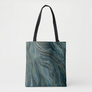 Tuurblauw Goud Abstract Waterverf Golven Tote Bag