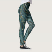Tuurblauw Goud Abstracte Aquarelgolven Leggings (Rechts)