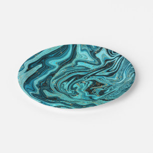 Tuurblauw & Goud Chic Swirl Modern Huwelijk Papieren Bordje