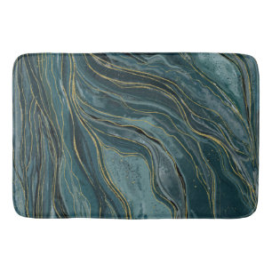 Tuurblauw Gouden Abstract Waterverf Golven Badmat