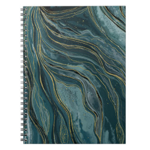 Tuurblauw Gouden Abstract Waterverf Golven Notitieboek