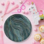 Tuurblauw Gouden Abstract Waterverf Golven Papieren Bordje (Feest)