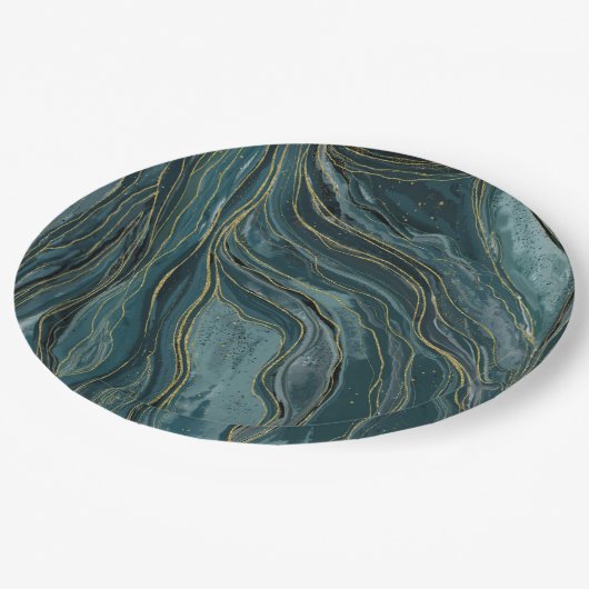 Tuurblauw Gouden Abstract Waterverf Golven Papieren Bordje (Gekanteld)