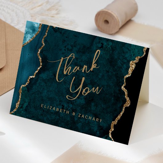 Tuurblauw Gouden Agaten Script Trouw Trouwkaart Kaart