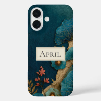 Tuurblauw & Gouden Bloemen op Donker Tuurblauw iPhone 16 Hoesje