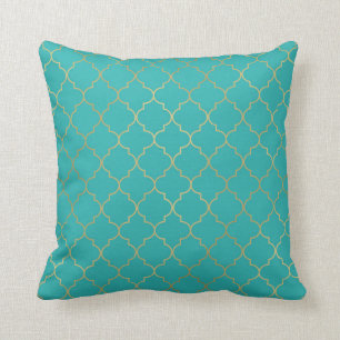 Tuurblauw & Gouden Quatrefoil Patroon Kussen