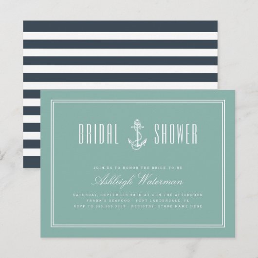 Tuurblauw & Marineblauw Maritieme Anker Bruidsdouc Uitnodiging Briefkaart (Voorkant / Achterkant)