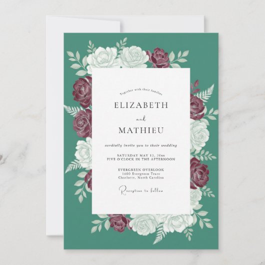 Tuurblauw Opulente Winter Rozen Bruiloft Kaart (Voorkant)