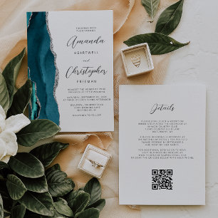 Tuurblauw Zilveren Agaat QR Code Bruiloft Kaart