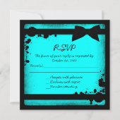 Tuurblauw zwart lint grunge bruiloft RSVP Kaart (Voorkant)