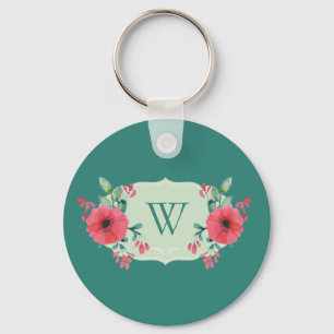 Tuurblauwe bloemensleutelhanger met roze bloemen sleutelhanger