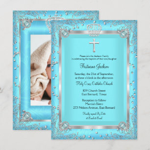Tuurblauwe Glitter Foto Doop Christening Kaart
