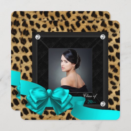 Tuurblauwe Luipaard Afstudeer Uitnodigingen (Voorkant / Achterkant)