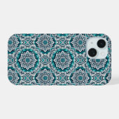 Tuurblauwe mandala's patroon iPhone 15 case (Achterkant horizontaal)