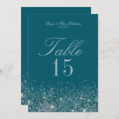 Tuurblauwe & Mint Glitter Tafel Nummer Kaarten (Voorkant / Achterkant)