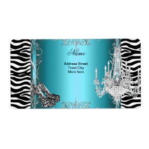 Tuurblauwe zebraprint feest schoenen kroonluchter etiket