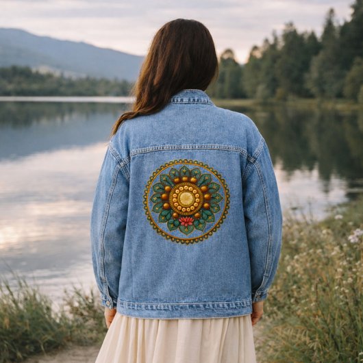 Tuurkise Gouden Lotus Mandala -Boho Fantasie Grafi Denim Jacket