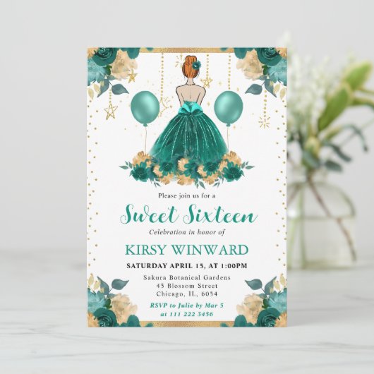 Tuurkleed Roodharige Prinses Sweet 16 Kaart (Staand voorkant)