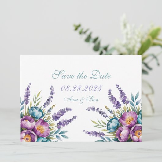 Tuurkoois Paarse Wilde Bloemen Bruiloft Save The Date (Staand voorkant)