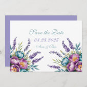 Tuurkoois Paarse Wilde Bloemen Bruiloft Save The Date (Voorkant / Achterkant)