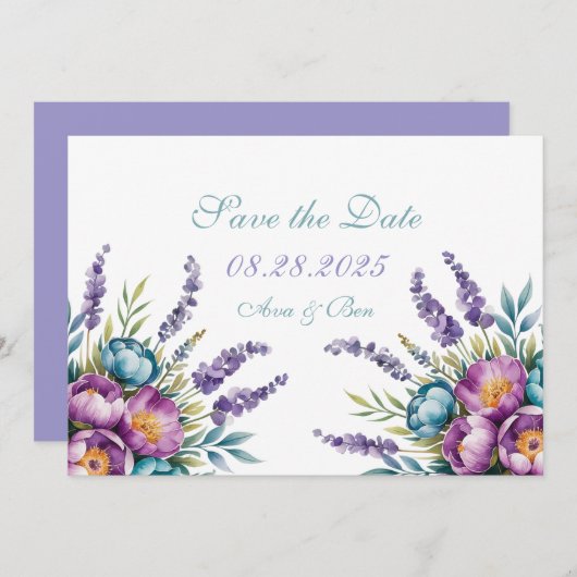 Tuurkoois Paarse Wilde Bloemen Bruiloft Save The Date (Voorkant / Achterkant)