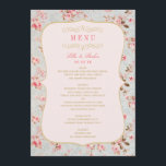 Tuurlijk Roze Gouden Bloemige Tuinfeest Bruiloft Menu<br><div class="desc">Tuurlijk tuinfeest thema bruiloft diner menu kaart ontwerp heeft een mooi patroon van bloemige rozen die de bewoordingen en zachte pastelkleuren omlijst - roze rood,  vintage blauw groen en goud.</div>